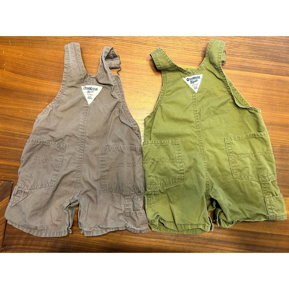 OshKosh B'gosh Baby Boys 9M Shortalls Set Brown Crab Olive Ranger Overalls 2pc
